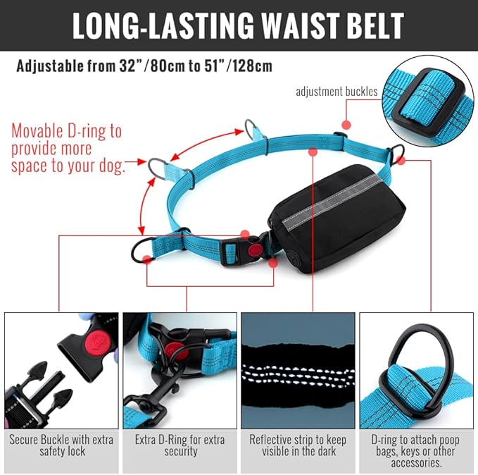 Plutus Pet Hands Free Dog Leash - Soft Padded Dual Handle Retractable Bungee With Reflective Stitches, Adjustable Waist for Walking Running Jogging, Medium Large Dogs