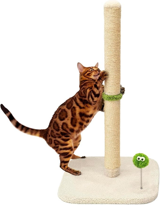 TINYBEAST 34" Tall Cat Scratching Post, Cat Scratcher Featuring Natural Sisal Rope, Cat Tree with Interactive Plush Toy Ball and Stable Base for Indoor Large Adult Cats & Kittens(Beige)