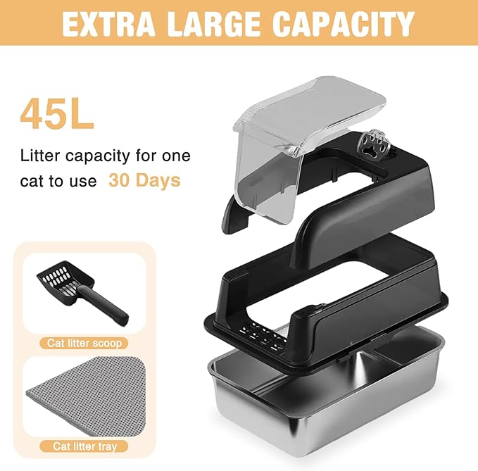 Stainless Steel Cat Litter Box Fully Enclosed, Extra Large Metal High Sided Cat Box with 120° Fully Transparent See-Through Flip Lid, Scoop & Mat - Black - XL
