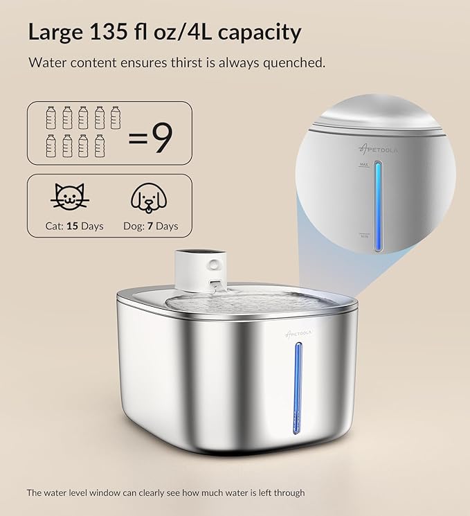 Wireless Cat Water Fountain Stainless Steel,135floz/4L Battery Operated Automatic Pet Fountain,Cordless Cat Water Dispenser Pet Drinking Water Fountain for Multicat Cats Dog Outdoor