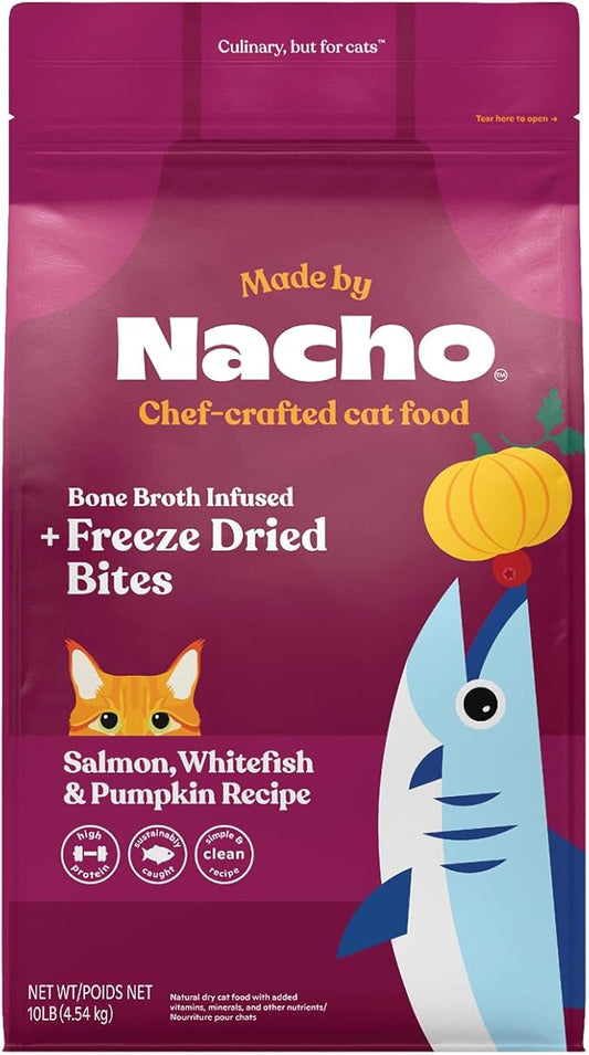 Made by Nacho Dry Cat Kibble 10lb Bag, High Protein Premium Cat Food with Freeze Dried Pieces, Sustainably-Caught Salmon, Whitefish & Pumpkin, Limited Ingredients, Single Bag