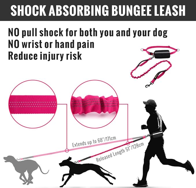 Plutus Pet Hands Free Dual Handle Retractable Bungee Leash with Reflective Stitches, Adjustable Waist Leash for Dog Walking, Running, Jogging, Medium Large Dogs