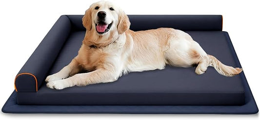 Dog Bed XL Indestructible Waterproof Big Dog Couch Orthopedic with Anti-Slip Mat, Memory Foam Pet Bed Washable (Blue)