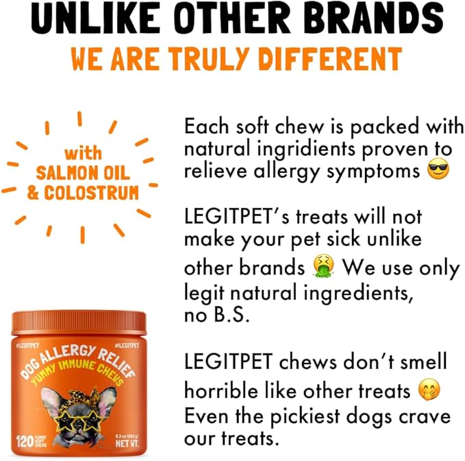 Allergy Relief Chews for Dogs & Immune & Digestive Supplement with Wild Salmon Oil Kelp Colostrum Turmeric Probiotics & Bee Pollen for Seasonal Allergies Anti Itch, Skin Hot Spots 120 Soft Treats