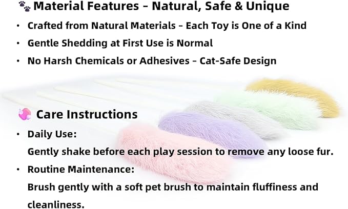 Rabbit Fur Cat Toys – 5PCS Interactive Cat Wand Toys for Indoor Cats, Soft Teaser Sticks for Play & Exercise, Natural Fur Cat's Teaser Set, 15" Long