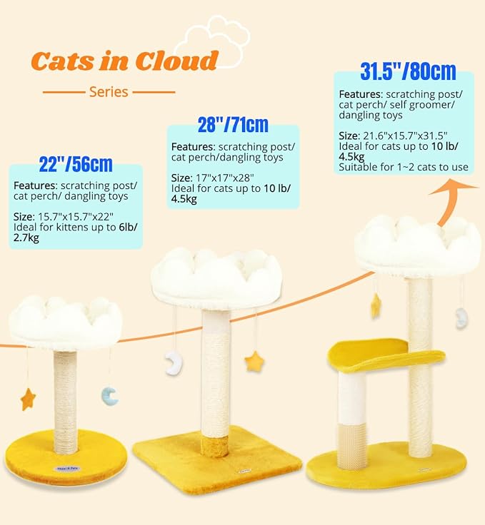Happi N Pets Cloud Cat Tree, Cat Scratching Post with Bed, Small Cat Tree for Kittens, Cat Scratch Post with Cloud-Shaped Soft Perch & Cute Toys, Removeable Cover, Bonus Catnip
