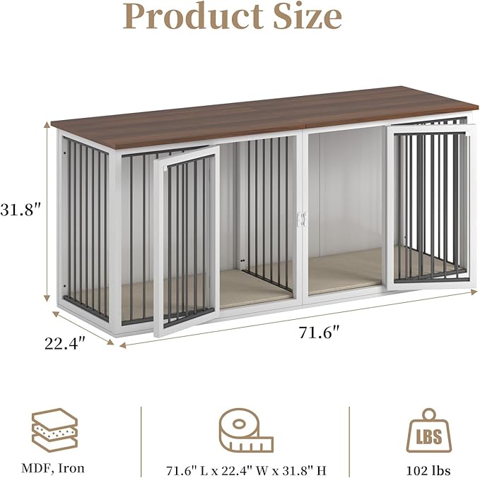 Large Dog Crate Furniture for 2 Dogs, 71.6'' Steel Frame Dog Crate with Double Doors, Heavy Sturdy Kennel for Small Medium Large Dogs, Indoor Double Dog Cage (White)