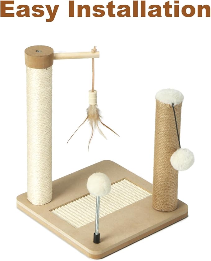 PAWSFANS Small Cat Scratching Post Toys,Sisal Jute 2 Scratch Posts for Kittens and Cats,Hanging Ball with Feather Spring Ball 16inches Beige