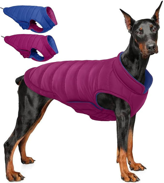 QBLEEV Reversible Dog Coat, Winter Warm Snowproof Dog Puffer Vest for Large Dogs Cold Weather, Windproof Lightweight Padded Jacket Snowsuit, Adjustable Outdoor Clothes for Great Dane, Violet, XXXL