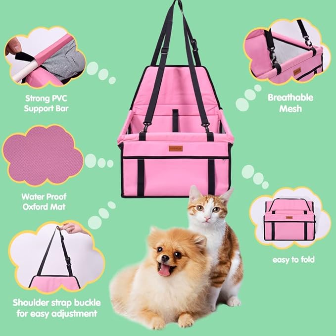 SWIHELP Pet Car Booster Seat Travel Carrier Cage, Oxford Breathable Folding Soft Washable Travel Bags for Dogs Cats or Other Small Pet