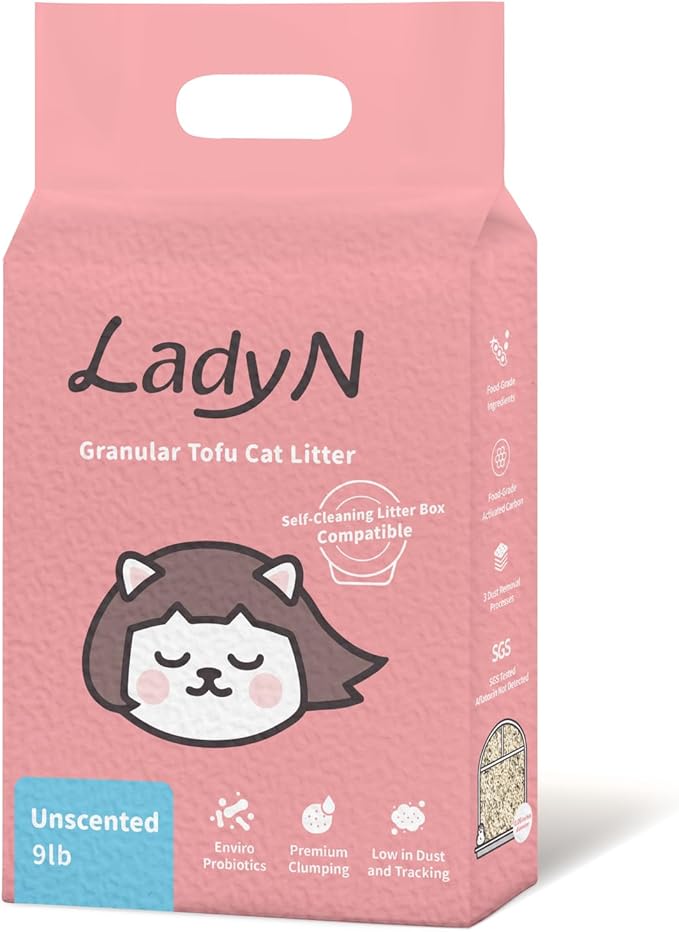 Lady N Granular Tofu Cat Litter Mini-Pellet Compatible with Automatic Self Cleaning Cat Litter Box, Strong Clumping Ultra Absorbent Natural Litter, Low Tracking, Odor Control Activated Charcoal 9lb