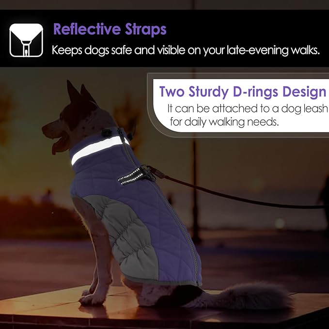 AOFITEE Dog Coat, Warm Dog Winter Coat, Reflective Cold Weather Dogs Puffer Jacket with Harness Built in, Waterproof Pet Fleece Vest Snowsuit for Small Medium Large Dogs, Lilac L