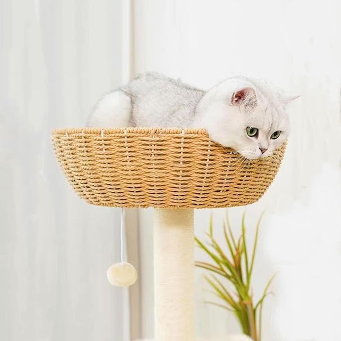 SHENGOCASE Cat Tree Tower with Rattan Wicker Basket, Handwoven Large Nest Basket Bed, Window Perch for Large Cats up to 20LBS