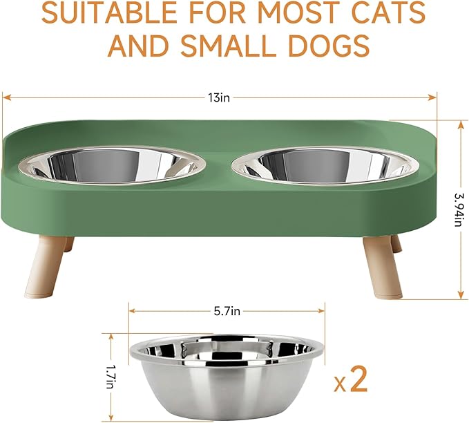 Elevated Cat Bowl, Raised Cat Food and Water Bowl Set for Indoor Cats, Splash Proof with 2 Stainless Steel Pet Food Bowls for Cats and Puppies, Whisker Fatigue and Dishwasher Safe - Green