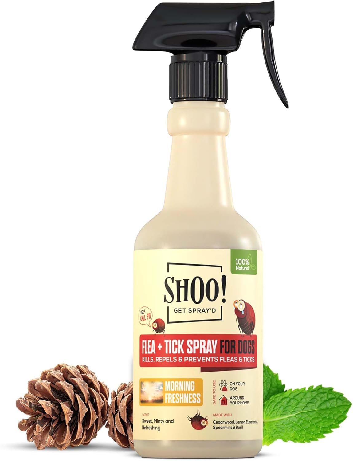 Shoo! Flea & Tick Spray for Dogs and Home | Plant Based, Natural Oils, Chemical Free Formula | Kills, Repels, Prevents | 16 oz (Morning Freshness)
