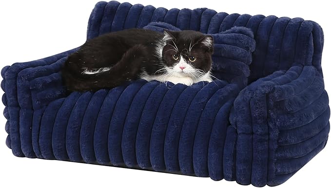 Extra Wide Fluffy Cat Bed, Small Dog Bed with Bone Shaped Pillow, Anti-Anxiety Pet Couch with Washable Cover, Blue