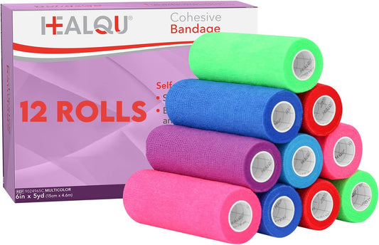 HEALQU Self Adhesive Bandage Wrap – Cohesive Tape for Athletic and Sports 6”x5yd, 12 Rolls - Self Adherent Medical Tape, Flexible, Elastic Bandages Multicolor for Wrist & Ankle Vet Wrap for Dogs.