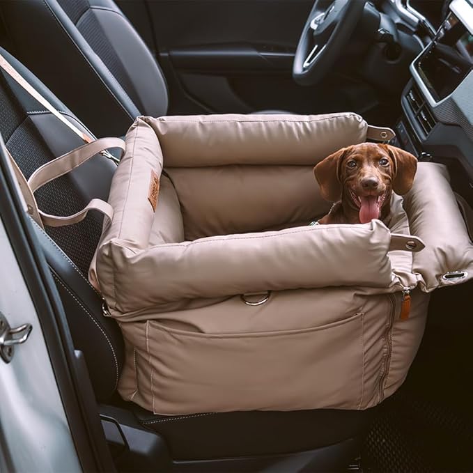 FUNNYFUZZY Dog Car Seat for Medium Sized Dogs, Waterproof 3 in 1 Soft Leather Dog Car Bed for Travel and Home,Portable and Safety,Fits Pets Up to 35 lbs(Khaki)