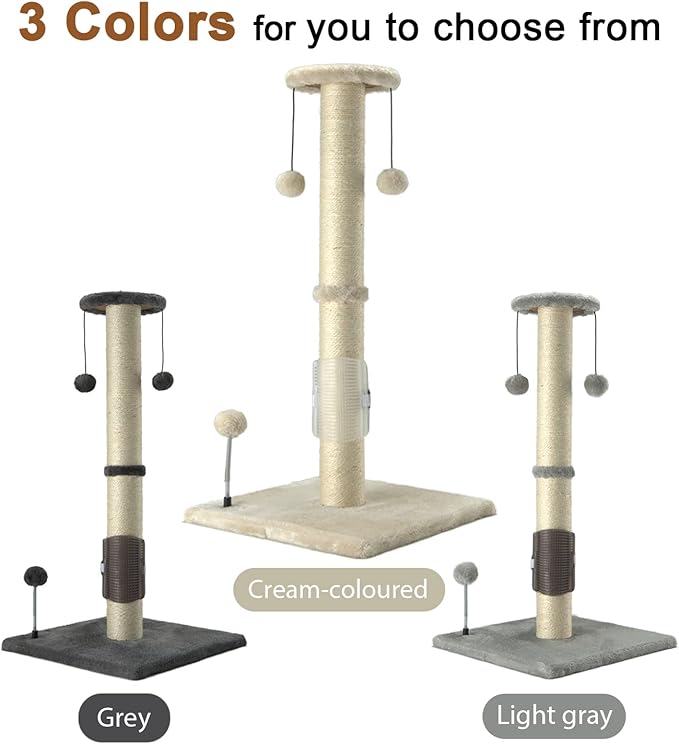 PEEKAB 32" Tall Cat Scratching Post Sisal Rope Scratch Posts with Hanging Ball and Self-Massage Brush Vertical Scratcher for Indoor Cats and Kittens(Beige 32inches)