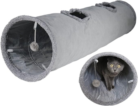 Cat Tunnel for Indoor Cats, 51×12 inch Foldable Big Cat Tunnel, Grey Suede Pet Tunnels with Two Peepholes and a Bubble Ball