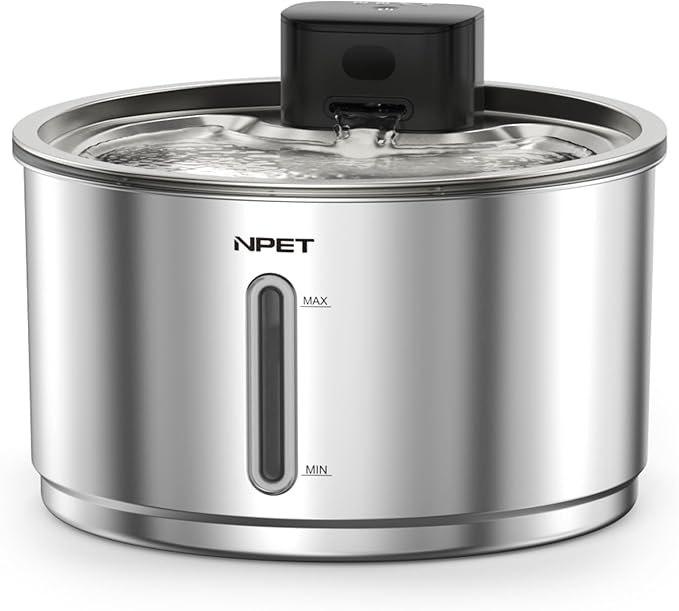 NPET Stainless Steel Wireless Cat Fountain, 1Gallon/135oz Battery Operated Automatic Pet Drinking Fountain - Cordless Dog Water Dispenser with Water Level Window for Cats Indoor