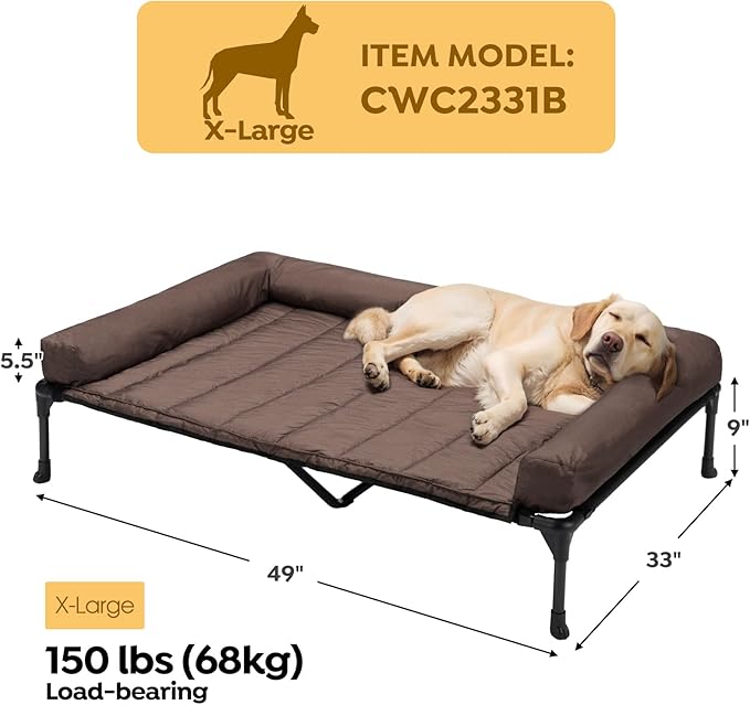 Veehoo Cooling Elevated Dog Bed Add Removable Waterproof Bolster Cushion Mat, Raised Pet Cot with Breathable Teslin Mesh, No-Slip Feet, Dog Sofa Bed for Indoor Outdoor, XLarge, Brown CWC2331B