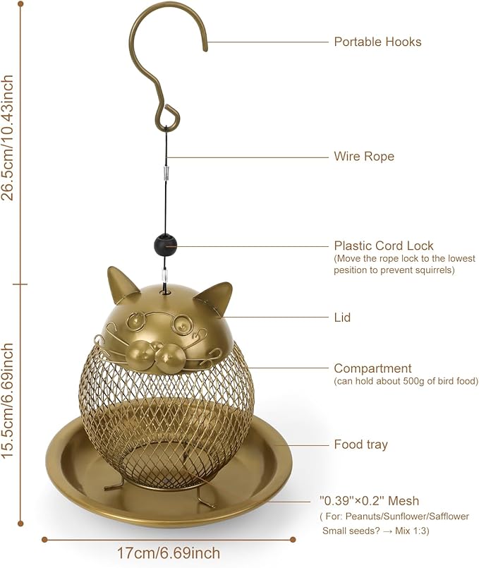 Cat Shaped Bird Feeder for Garden & Patio - Heavy Duty Steel Construction, Squirrel Resistant & Easy to Clean, Weatherproof Outdoor Decor for Bird Watchers (Gift Ready)