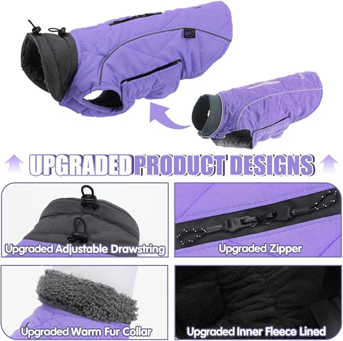 EMUST Winter Dog Coats - Fleece Dog Jacket for Cold Weather, Windproof & Warm, British Style, Purple, XS