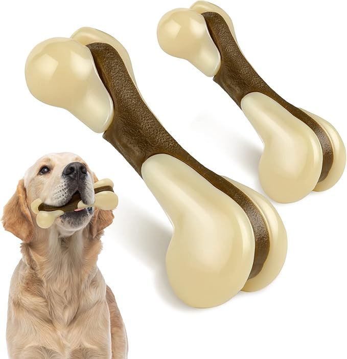 Sosation Bones Shaped Dog Toys for Aggressive Chewers, 2 Pack Dog Chew Toys Puppy Teething Nylon Beef Flavor for Large/Medium/Small Puppies Breeds(Hind Leg Bone,Large, Small)