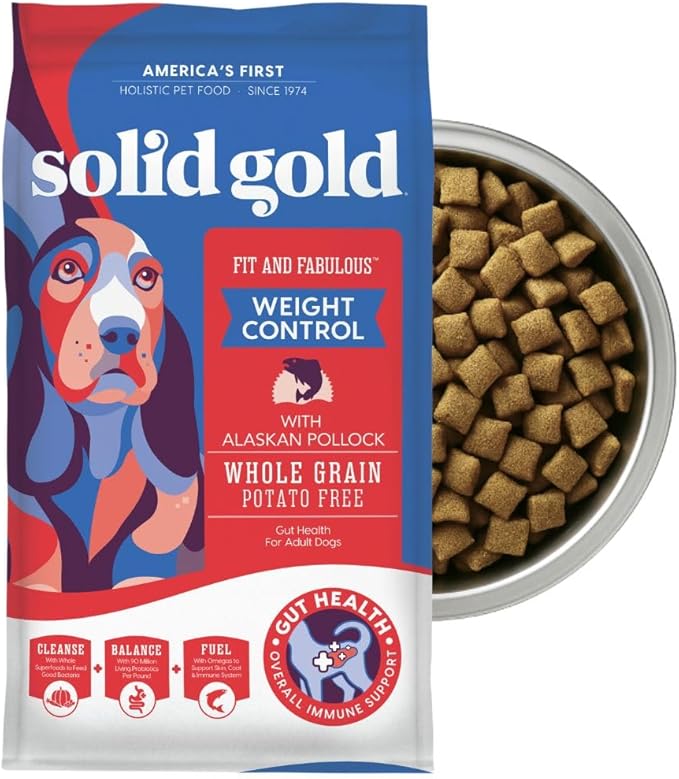 Solid Gold Healthy Weight Management Dry Dog Food for Adult & Senior Dogs - With Pollock, Whole Grain & Probiotics for Gut Health & Digestion Support - Dry Dog Food for Weight Management Support –24LB