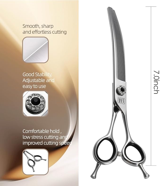 Dog Grooming Scissors: 7.0 inch Professional Pet Curved Thinning Shears Made Of Japanese 440C Advanced Stainless Steel for Dogs Cats and Other Pets