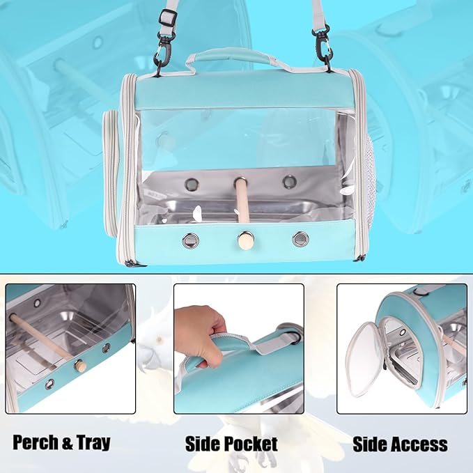 Long Tail Portable Bird Travel Carrier Cage with Metal Tray Soft Mat and Wooden Standing Perch, Hands Free Lightweight Clear 2 Windows Carry Bag for Parakeet Budgies Cockatiel Transport to Vet