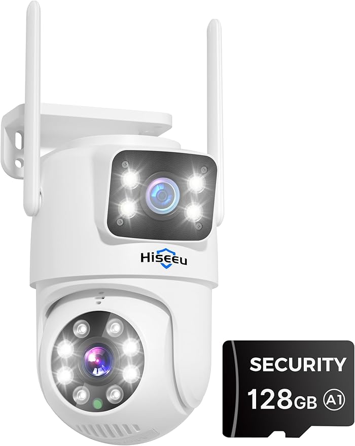 Hiseeu Wireless Security Camera Dual Lens PTZ Outdoor with 128GB SD Card, 2K WiFi-Pro 5G/ 2.4Ghz Surveillance Cameras, Color Night Version, Plug-in Cable, Works with Wireless System