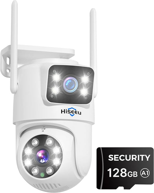 Hiseeu Wireless Security Camera Dual Lens PTZ Outdoor with 128GB SD Card, 2K WiFi-Pro 5G/ 2.4Ghz Surveillance Cameras, Color Night Version, Plug-in Cable, Works with Wireless System