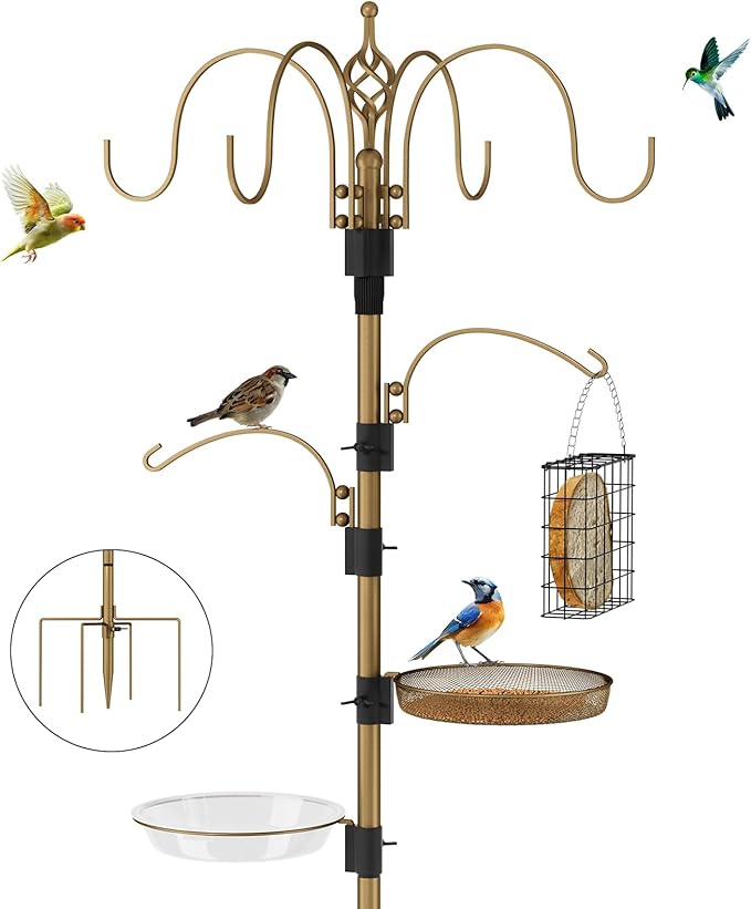 Bird Feeding Station with Multi Feeder Hanging, 4-Hook Bird Feeder Pole with 5 Prong Base, Metal Suet Feeder, Mesh Tray for Attracting Wild Birds and Planter Hanger (Copper 91in)