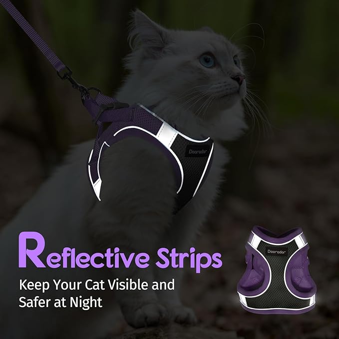 Dooradar Cat Harness and Leash Set, Escape Proof Lightweight Kitten Harness, Soft Breathable Reflective Vest for Outdoor Walking Traveling, Adjustable for Large Cats, Grey & Purple, L