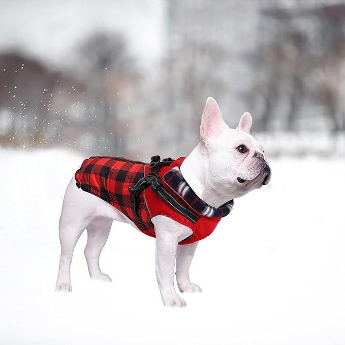 Dog Coat with Harness,Small Dog Winter Coat,Doggie Jackets with Built in Harness,Adjustable Warm Jacket for Medium Large Dogs,Pet Puppy Cold Weather Coats for Dogs Waterproof (PlaidRed, XX-Large)