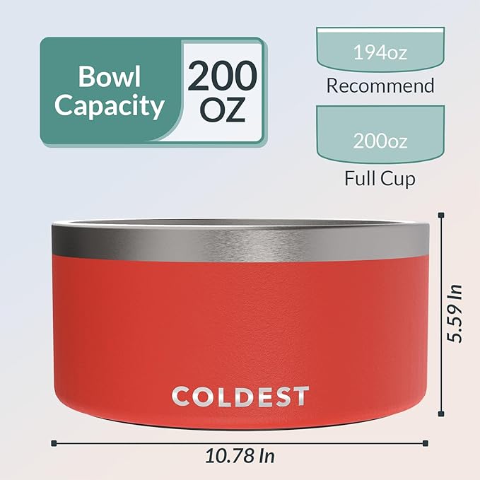 Coldest Dog Bowl - Anti Rust Metal, Non Slip, 3 Layers Insulated Stainless Steel Dog Bowls - Spill Proof & Heavy Duty - Water Bowl for Dogs, Cats & Pets, Dish Washer Safe (200 oz, Crimson Red)