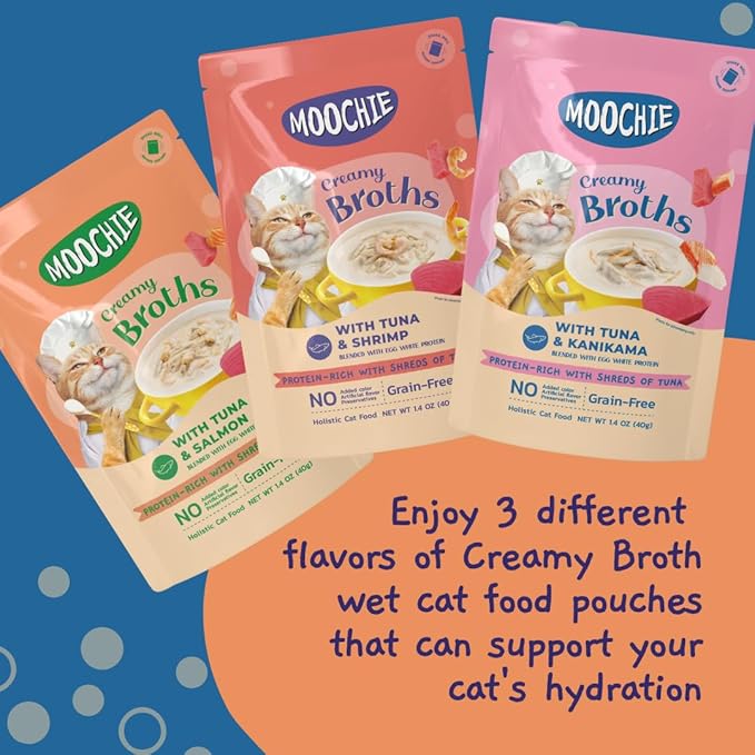 MOOCHIE Grain Free Creamy Seafood Multipack Cat Broth - Real Salmon, Shrimp, Kanikama - No Artificial Flavors or Preservatives - 16 x 1.4 oz Pouch