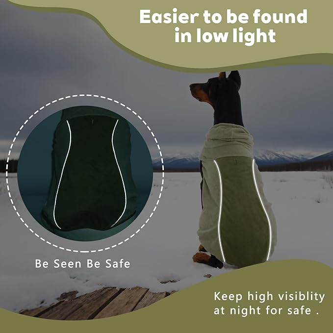 IECOii Fleece Dog Sweater for Large Dogs, Large Dog Sweater Sleeveless with Leash Hole and Reflective Strips, Fall Winter Turtleneck Hoodie Vest Lightweight & Stretchy Fit for Active Dogs, Green, XL