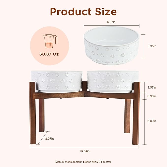 SPUNKYJUNKY Ceramic Dog Bowls Dog Bowl Set with Acacia Wood Stand Raised Dog Bowl Dog Food and Water Bowl for Small Medium Sized Dog (21cm)
