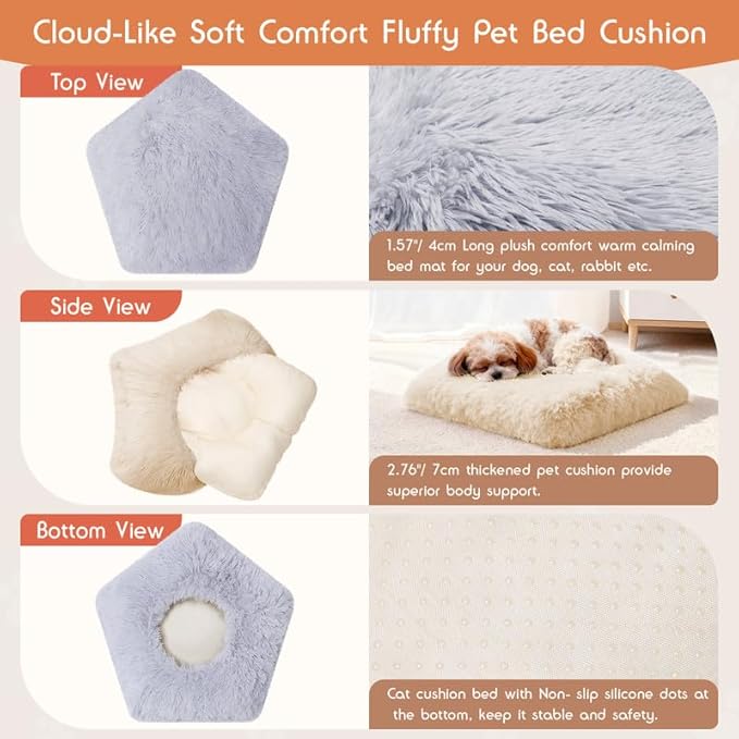Washable Dog Bed, Small Dogs Beds, 2 PCS Removable Washable Fluffy Pet Bed Cover, Replaceable Dog Crate Pad, Calming Puppy Bed, Comfy Kennel Pad, Plush Cat Mat, 24" x 16", Gray + Beige