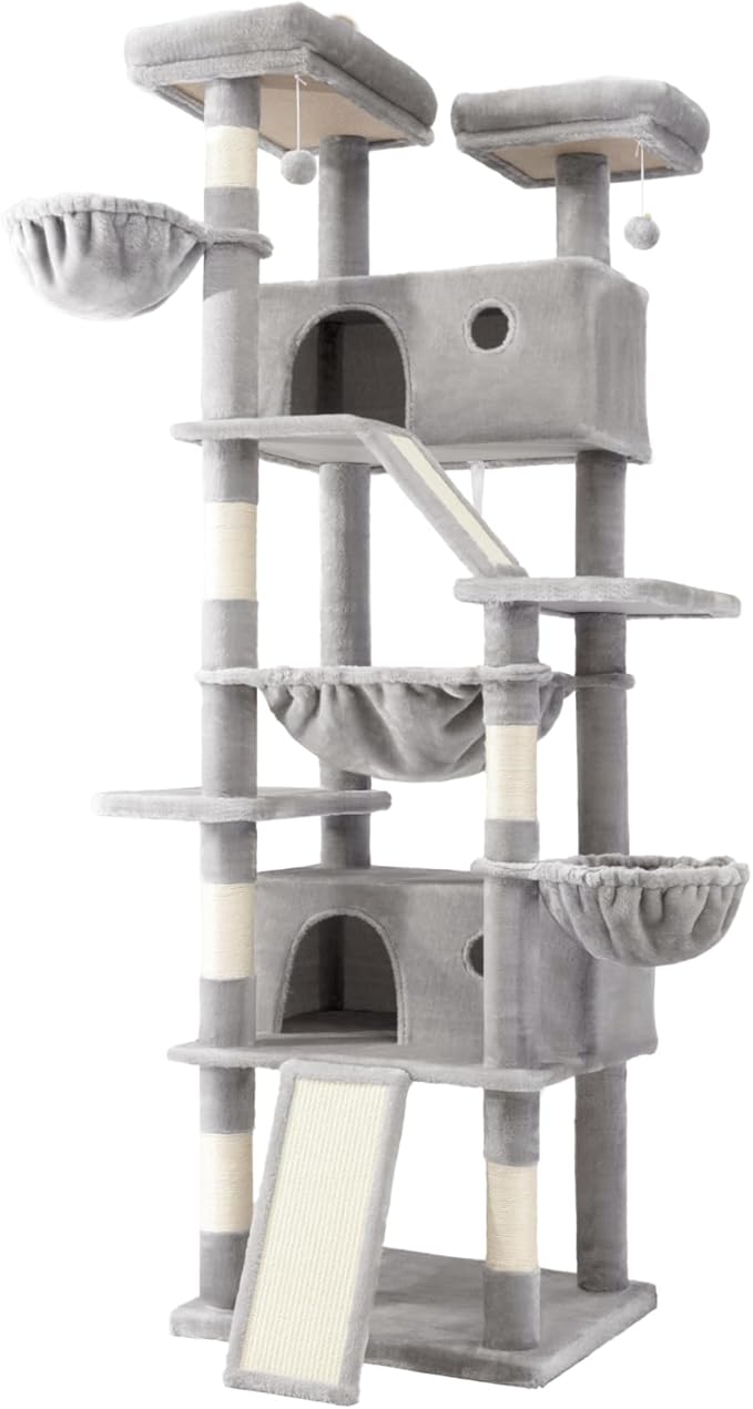 SHA CERLIN 81in Multi-Level Tall Cat Tree Tower for Indoor Kitties/Larger Cat Condo Furniture with Hammock/Cozy Pussycat Perches/Sisal Scratching Posts/Pet House/Wide Base/Grey