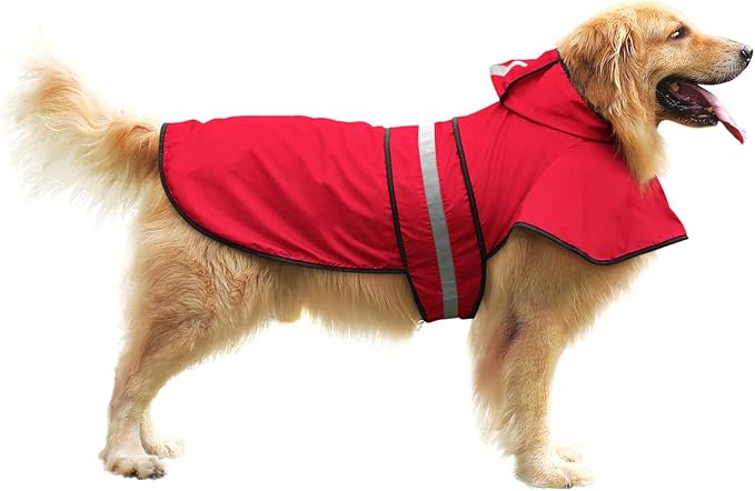 HDE Dog Raincoat Jacket Reflective Adjustable Hooded Pet Poncho Rain Coat with Leash Hole for Small to X-Large Dogs Red - XL