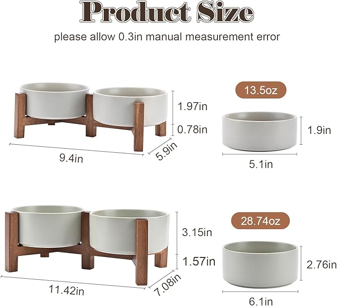 SPUNKYJUNKY Ceramic Dog Bowls with Acacia Wood Stand - Raised Dog Food and Water Bowl Set for Medium Dogs (28.74 OZ, Gray)