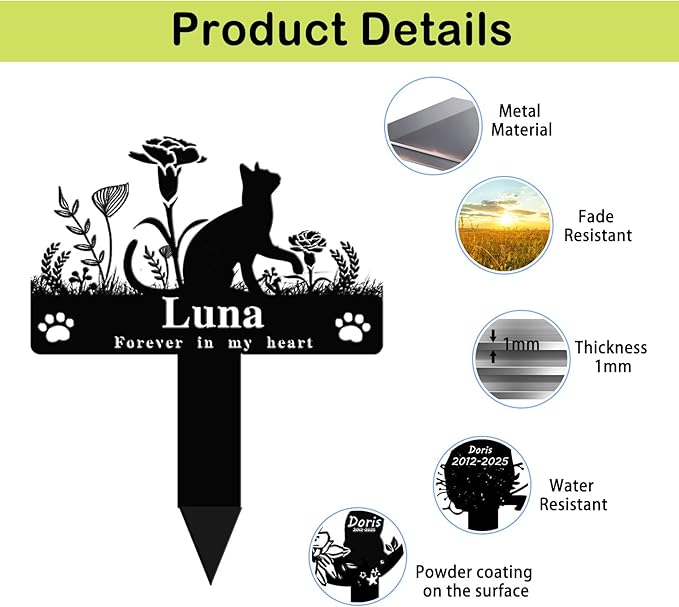Custom Cat Grave Marker Cat Burial Stake, Personalized Butterfly Flowers Cat Memorial Garden Stake, Metal Cat Memorial Plaque for Outdoors, Customized Pet Headstone