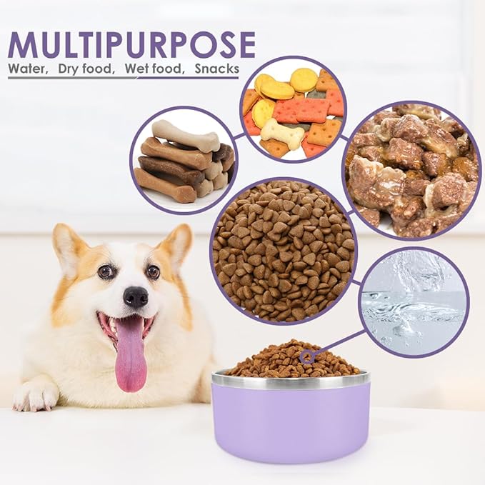 IKITCHEN Dog Bowl for Food and Water, 64 Oz Stainless Steel Pet Feeding Bowl, Durable Non-Skid Insulated Heavy Duty with Rubber Bottom for Medium Large Dogs (64 Ounces/8 Cup, Light Purple)