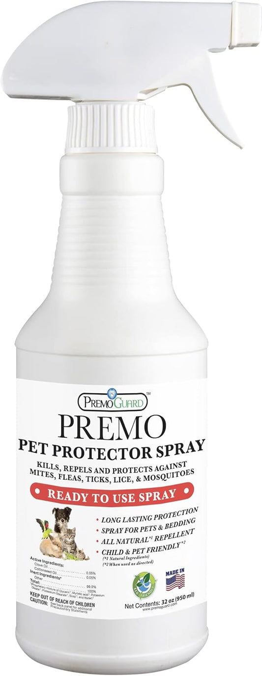 Premo Guard Pet Protector Spray - 32 oz - Kills Mites, Fleas, Ticks, & Mosquitoes - for Dogs, Cats, & Home - Natural Plant Based Oils for Control, Prevention & Treatment - Family Safe