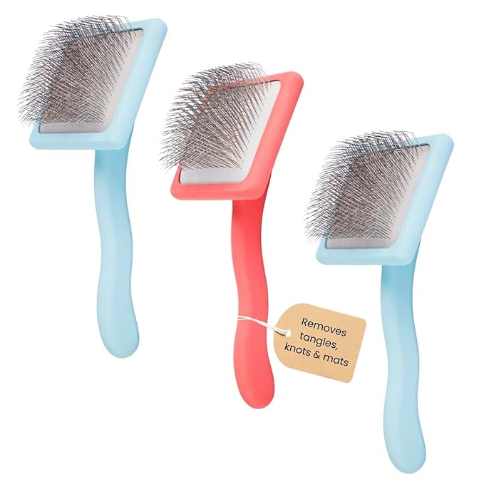 Pet Slicker Brush With Soft Massage Grooming Stainless Steel Pins - For Dematting, Shedding Fur, and Undercoat - Ideal Gift for Professional Pet Groomers - Long Slicker Brush - Flying Pawfect