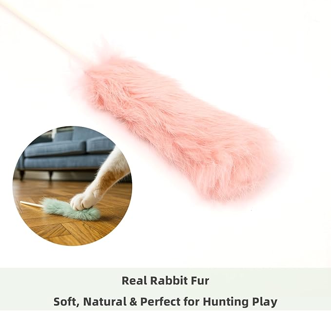 Rabbit Fur Cat Toys – 5PCS Interactive Cat Wand Toys for Indoor Cats, Soft Teaser Sticks for Play & Exercise, Natural Fur Cat's Teaser Set, 15" Long